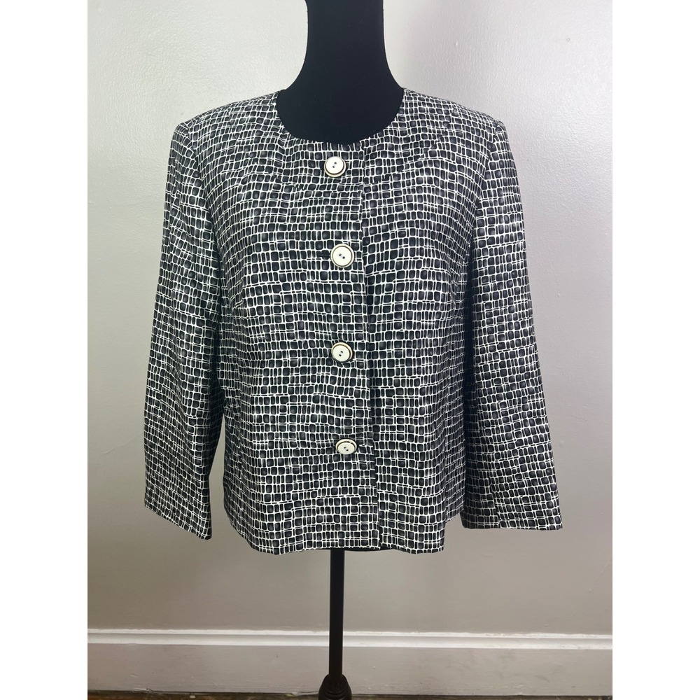 Talbots Blazer Silk Wool Blend Black White Checkered Button Front Jacket 16P